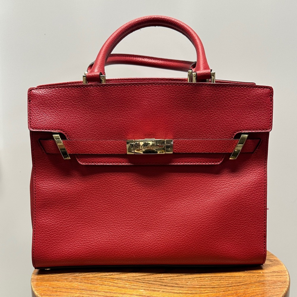 Calvin Klein Crimson Pebbled Leather Satchel with Gold Hardware